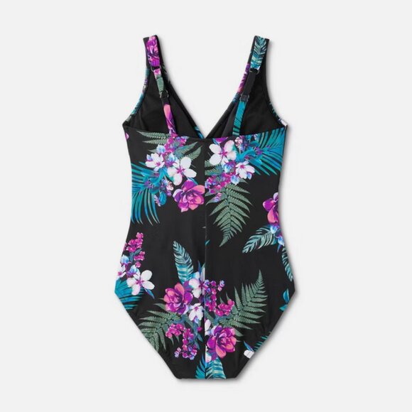 Waist Detail Over the Shoulder One Piece Swimsuit - Aqua Green® Black Floral L - Picture 2 of 7